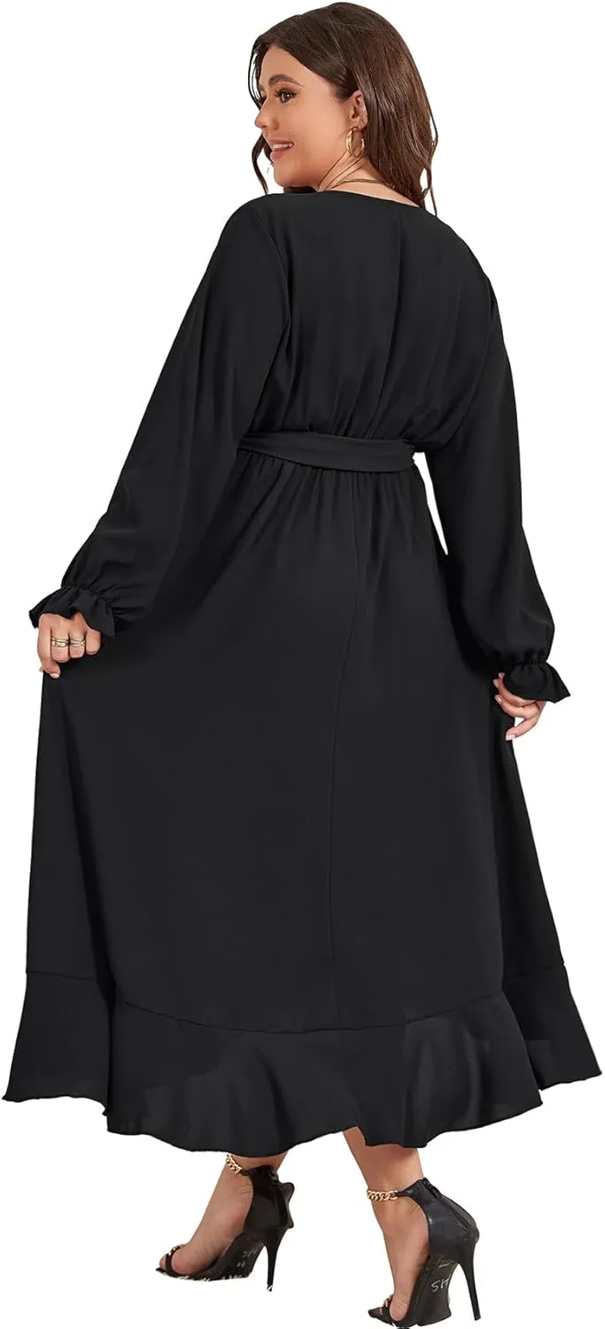 SCOMCHIC Women Plus Size Wedding Guest Maxi Dress Long Sleeve Faux Wrap V Neck High Low Ruffle Cocktail Dress with Belt