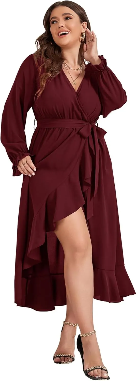 SCOMCHIC Women Plus Size Wedding Guest Maxi Dress Long Sleeve Faux Wrap V Neck High Low Ruffle Cocktail Dress with Belt