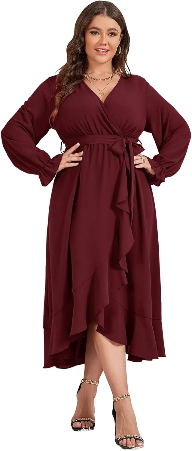 SCOMCHIC Women Plus Size Wedding Guest Maxi Dress Long Sleeve Faux Wrap V Neck High Low Ruffle Cocktail Dress with Belt