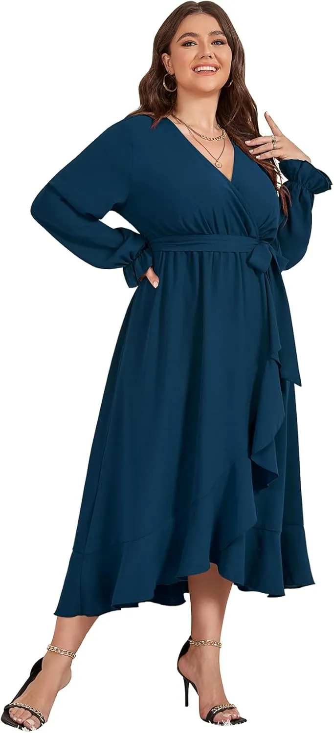 SCOMCHIC Women Plus Size Wedding Guest Maxi Dress Long Sleeve Faux Wrap V Neck High Low Ruffle Cocktail Dress with Belt