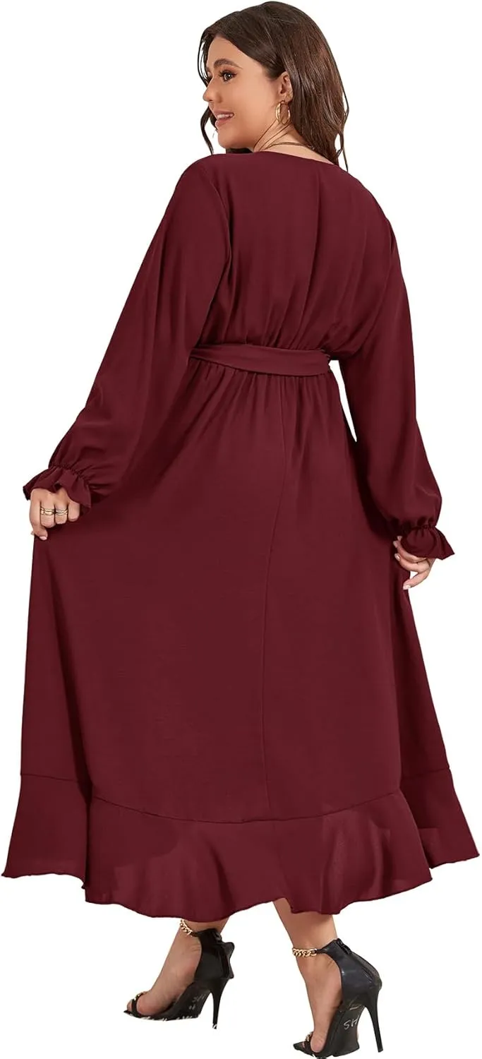 SCOMCHIC Women Plus Size Wedding Guest Maxi Dress Long Sleeve Faux Wrap V Neck High Low Ruffle Cocktail Dress with Belt