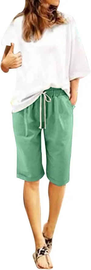 sdbrld Bermuda Shorts for Women,Womens Bermuda Shorts Trendy Summer Drawstring Shorts High Waisted Cotton Athletic Shorts