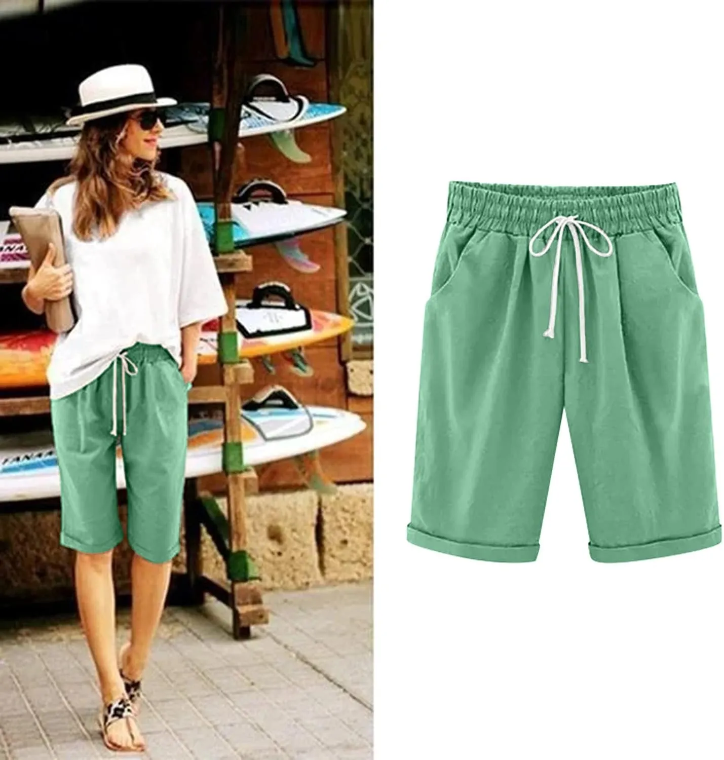sdbrld Bermuda Shorts for Women,Womens Bermuda Shorts Trendy Summer Drawstring Shorts High Waisted Cotton Athletic Shorts