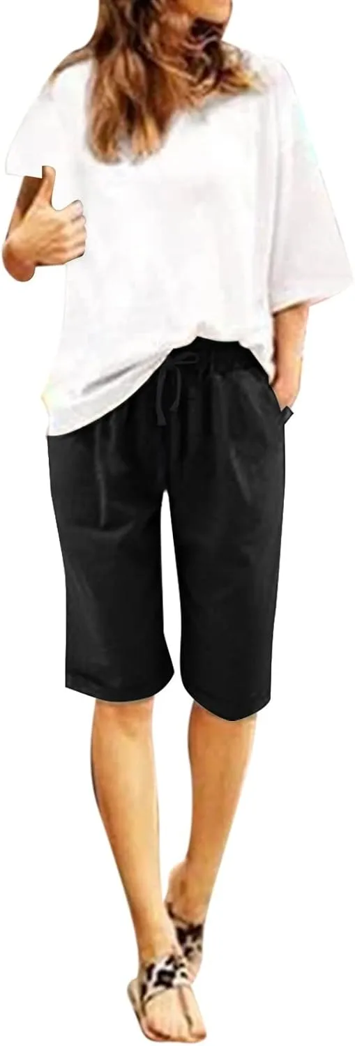 sdbrld Womens Shorts for Summer Knee-Length Casual Bermuda Shorts Walking Hiking Shorts Women with Elastic Waist Drawstring