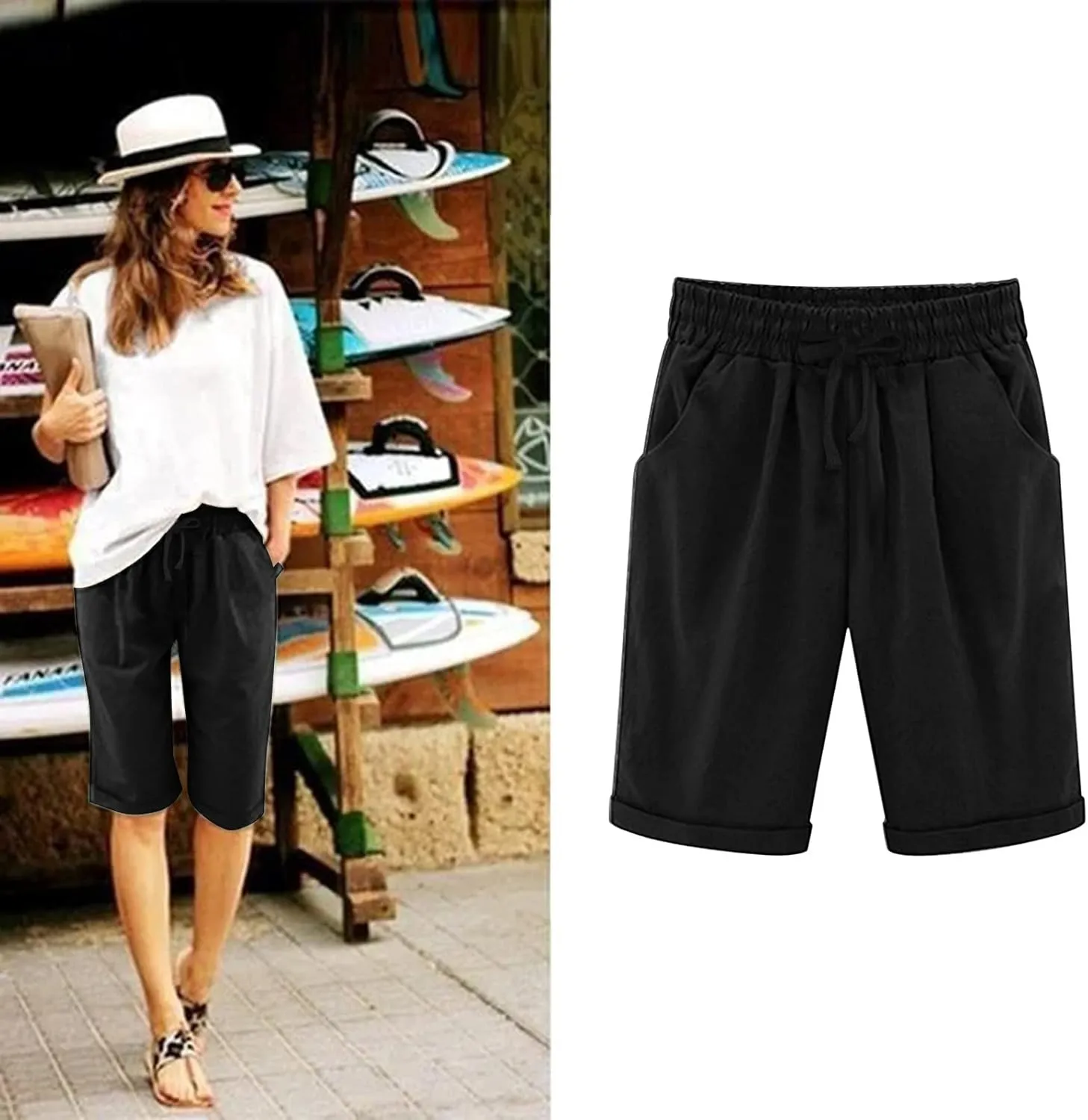 sdbrld Womens Shorts for Summer Knee-Length Casual Bermuda Shorts Walking Hiking Shorts Women with Elastic Waist Drawstring