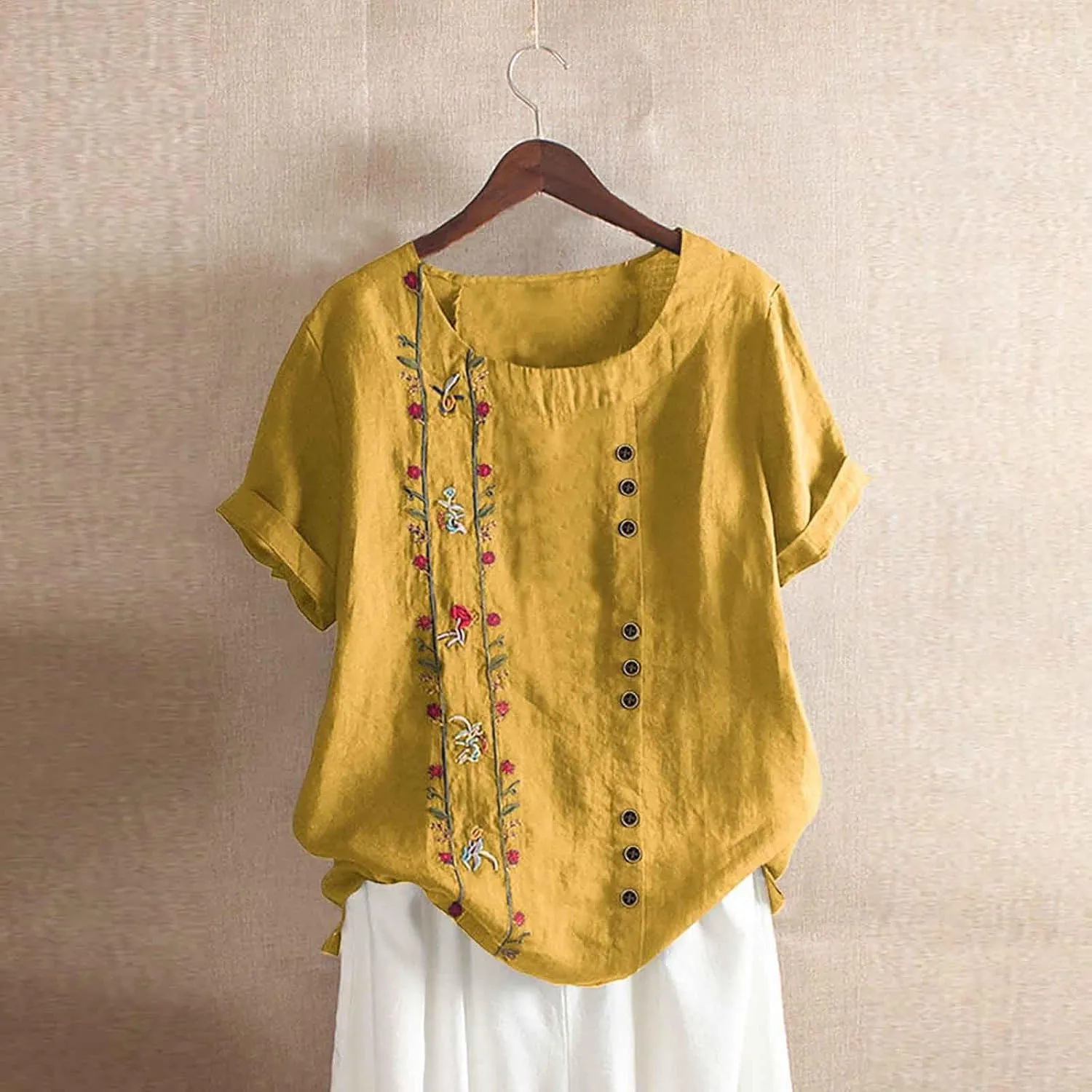 Shirts for Women Graphic Tees Cotton Linen Plus Size Tops Short Sleeve Button Down Blouses Summer Casual Shirts 2025