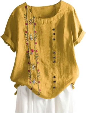 Shirts for Women Graphic Tees Cotton Linen Plus Size Tops Short Sleeve Button Down Blouses Summer Casual Shirts 2025