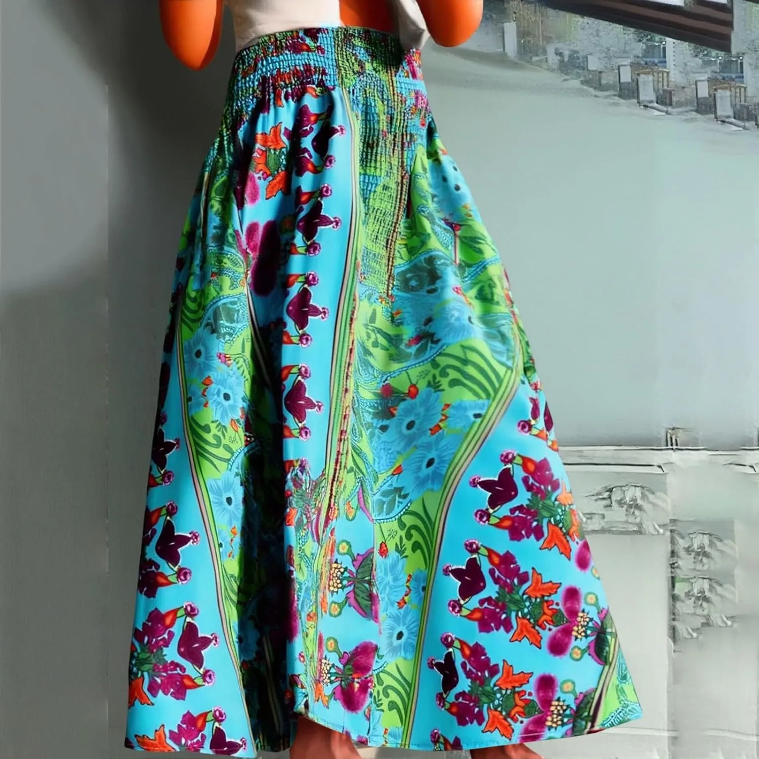 Skirts for Women Trendy Bohemian Summer High Elastic Waist Beach Floral Print A-Line Boha Skirts Vocation Streetwear