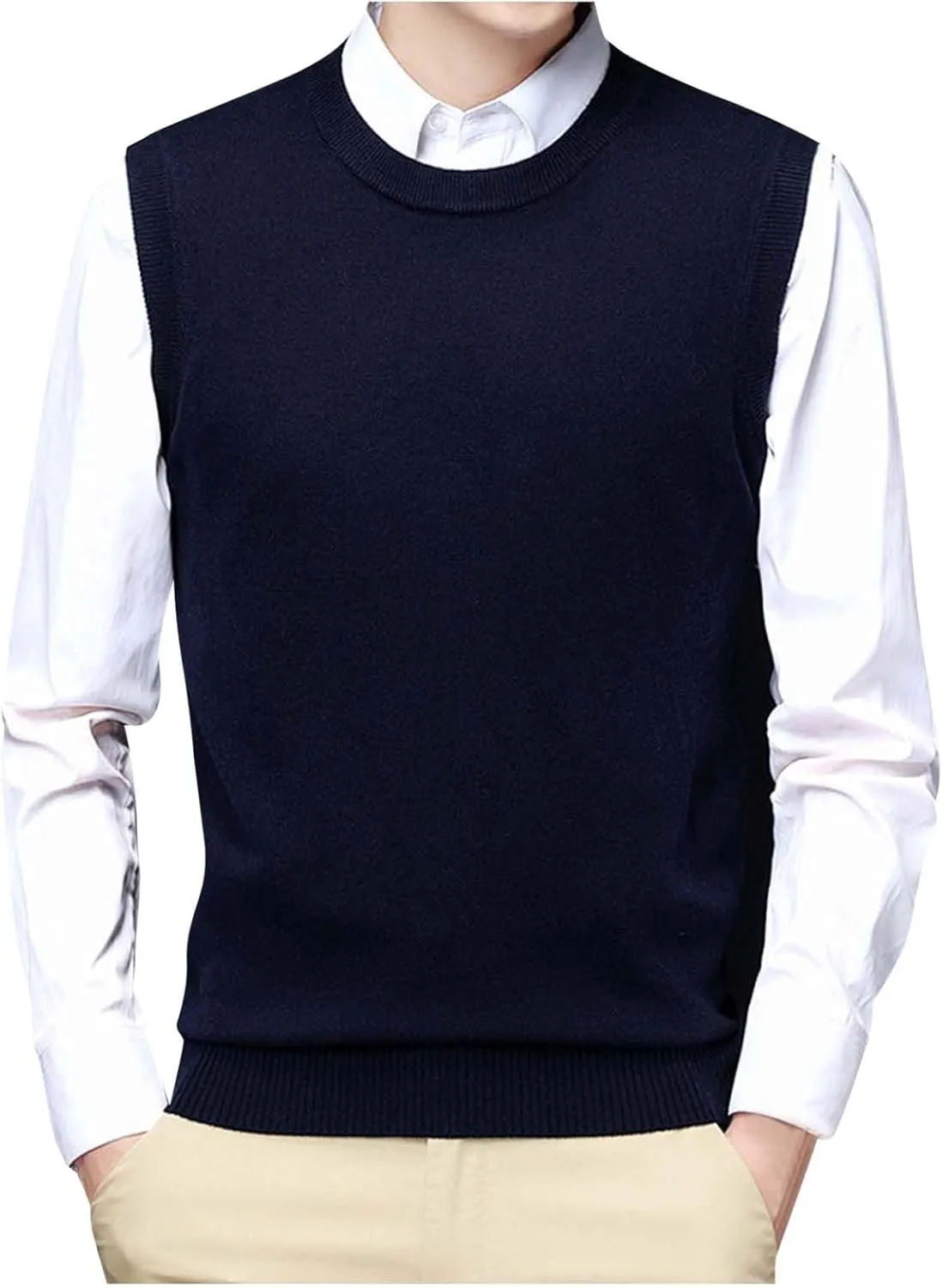 Slim Fit Sweater Vest for Men Sleeveless Crewneck Ribbed Knitted Tops Casual Business Knit Tops Solid Color Jumper
