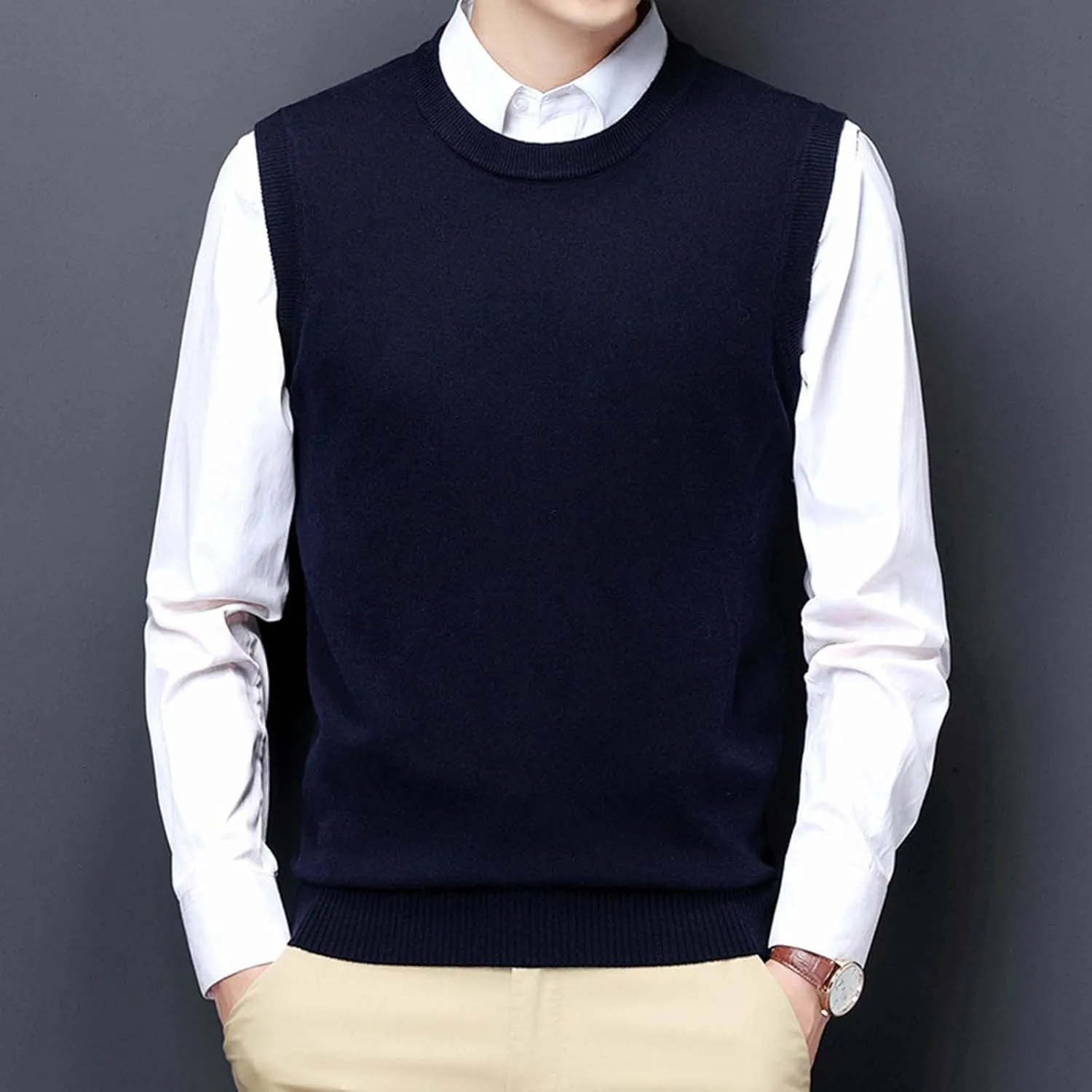 Slim Fit Sweater Vest for Men Sleeveless Crewneck Ribbed Knitted Tops Casual Business Knit Tops Solid Color Jumper