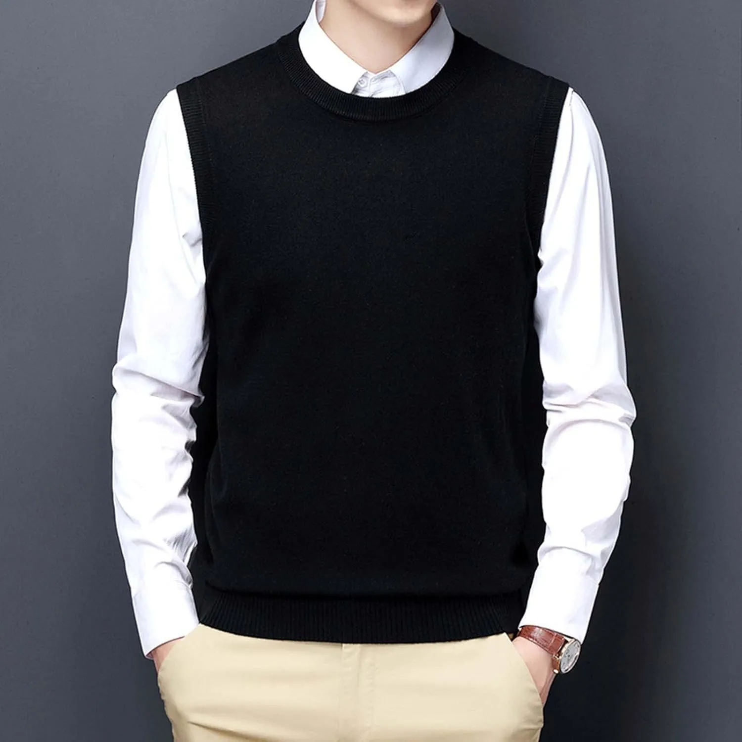 Slim Fit Sweater Vest for Men Sleeveless Crewneck Ribbed Knitted Tops Casual Business Knit Tops Solid Color Jumper