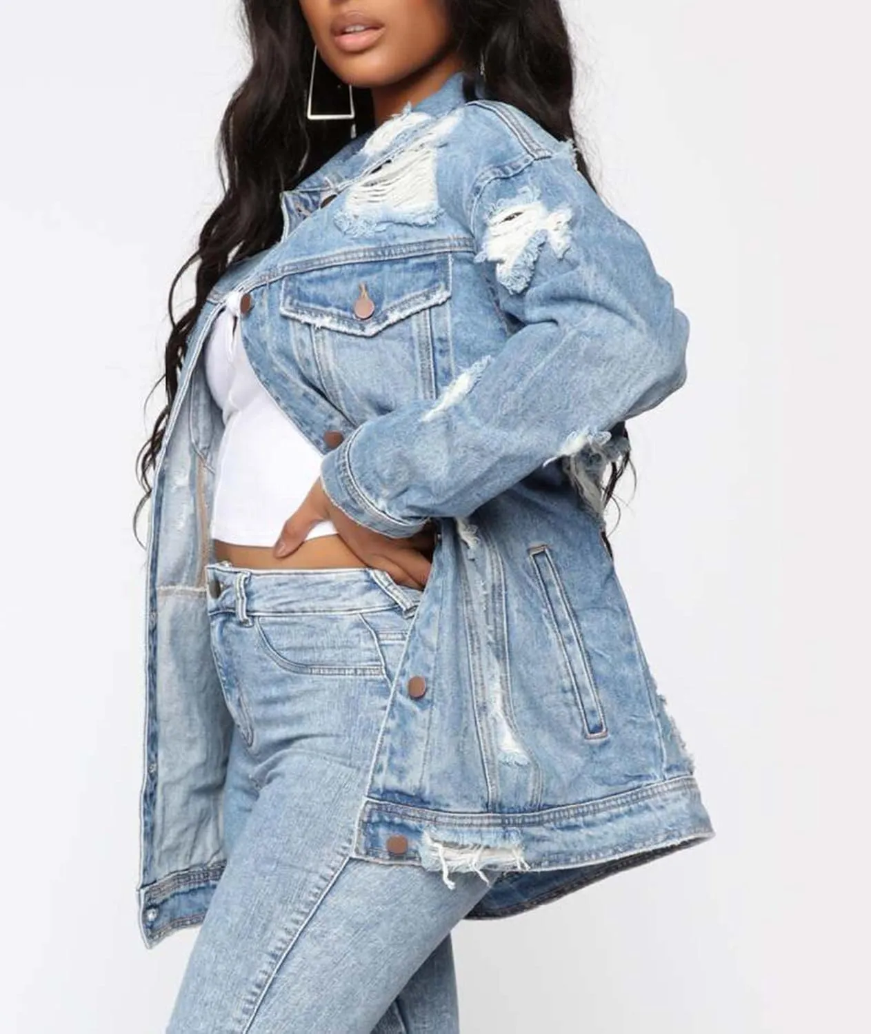SOMTHRON Women's Distressed Denim Jeans Outfits Coat Spring Fall Ripped Jeans Outerwear Denim Jacket