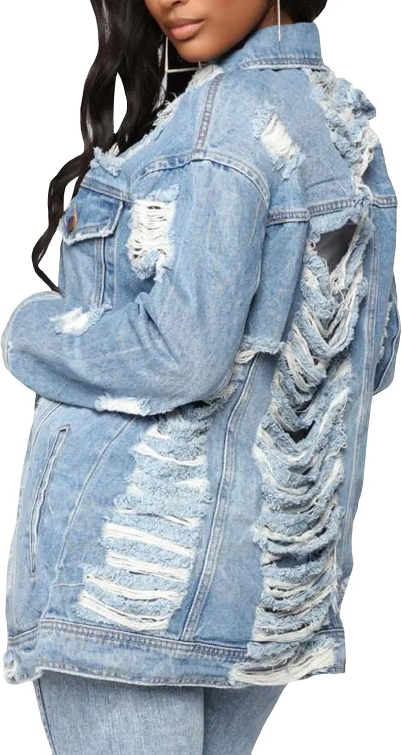 SOMTHRON Women's Distressed Denim Jeans Outfits Coat Spring Fall Ripped Jeans Outerwear Denim Jacket