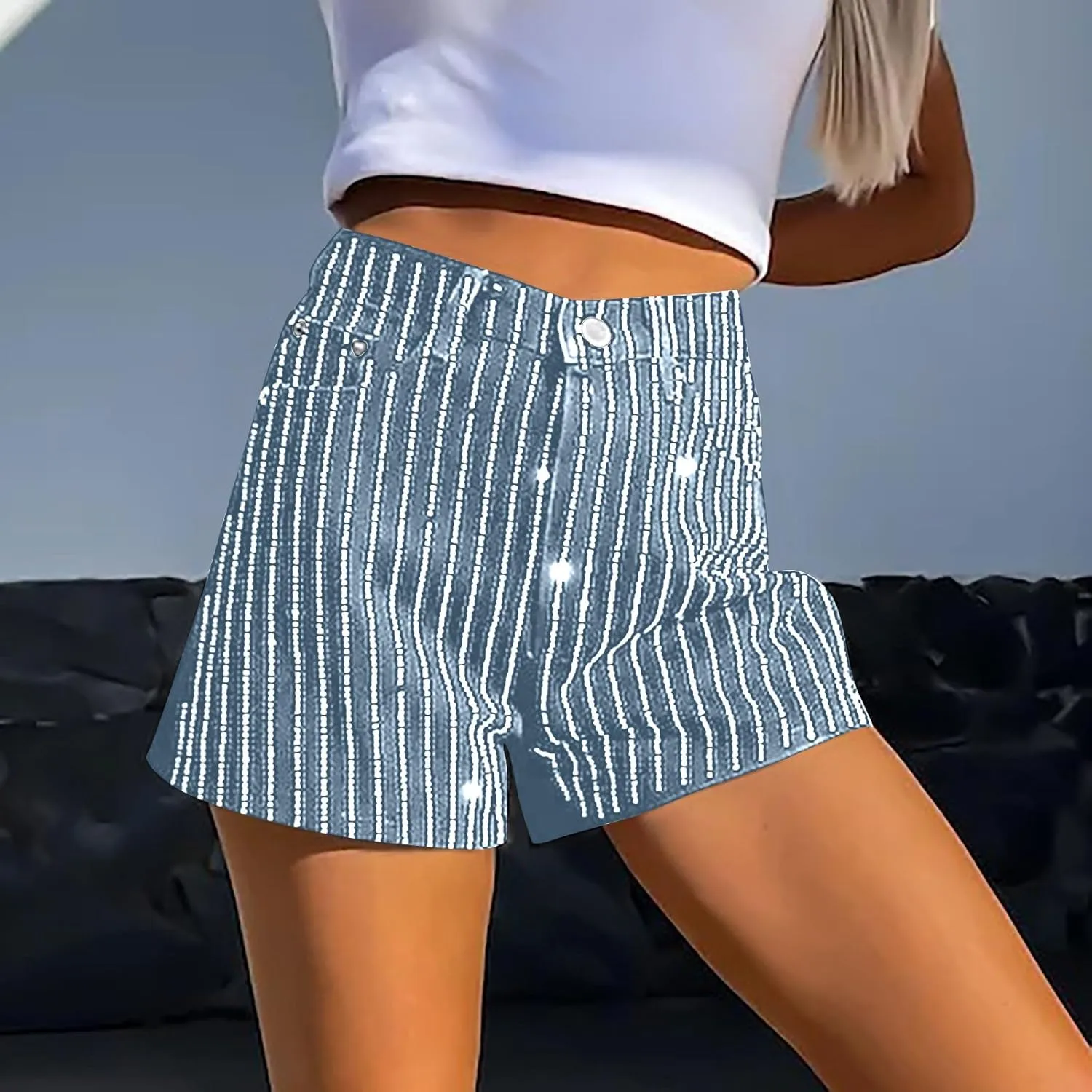 Sparkle Rhinestone Denim Shorts for Women Summer Button Down Shorts 2025 Casual Trendy Loose Jean Shorts with Pockets