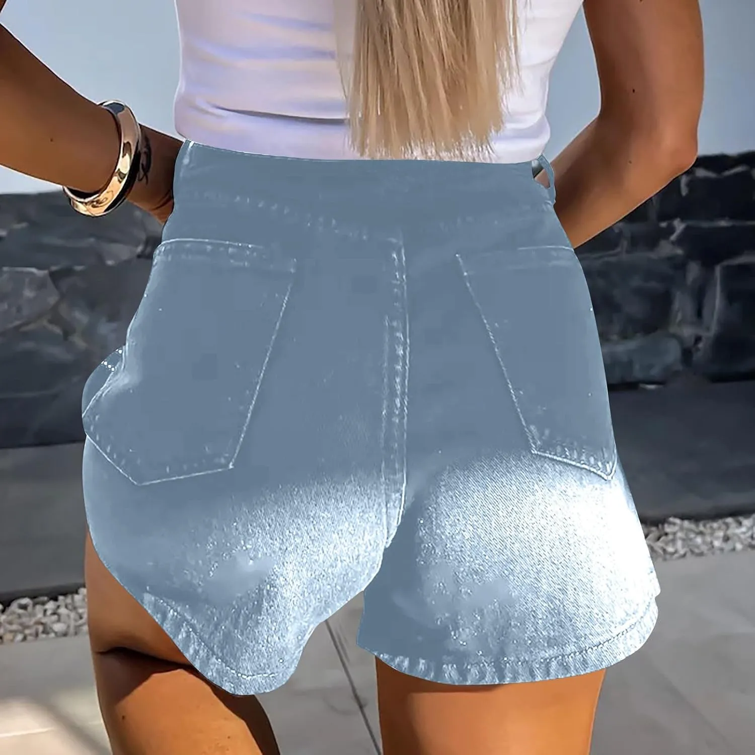 Sparkle Rhinestone Denim Shorts for Women Summer Button Down Shorts 2025 Casual Trendy Loose Jean Shorts with Pockets