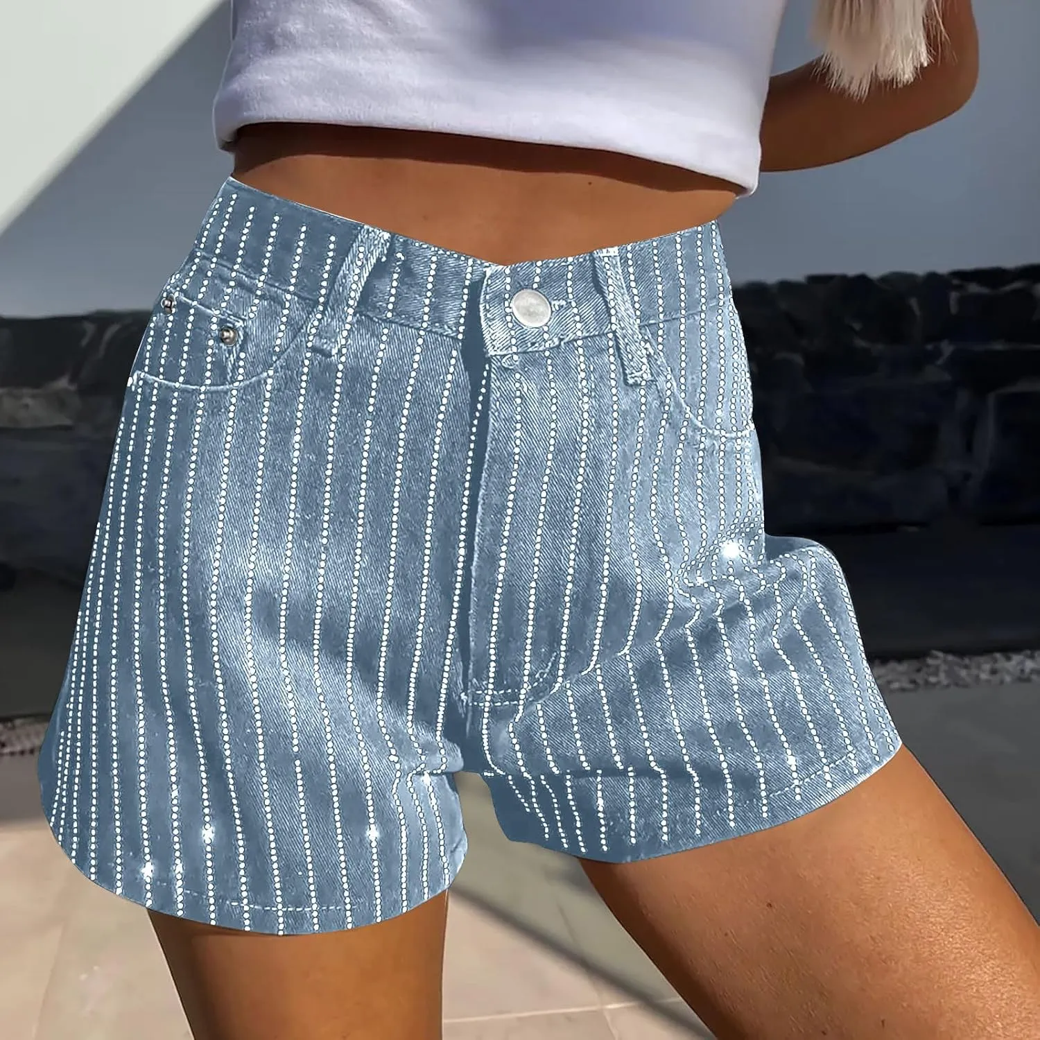 Sparkle Rhinestone Denim Shorts for Women Summer Button Down Shorts 2025 Casual Trendy Loose Jean Shorts with Pockets