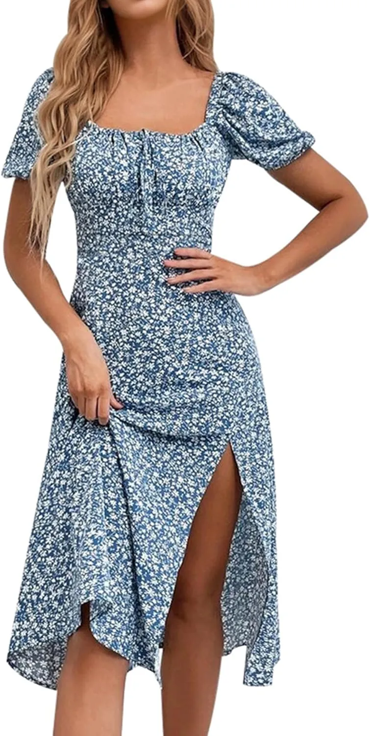 SPRIME Women's Floral Summer Casual Dress Square Neck Puff Sleeve Boho Midi Dresses Ruched Bust High Waist Split Long Dress