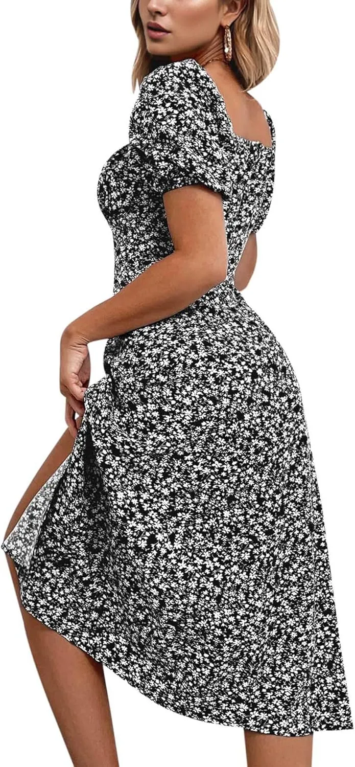 SPRIME Women's Floral Summer Casual Dress Square Neck Puff Sleeve Boho Midi Dresses Ruched Bust High Waist Split Long Dress