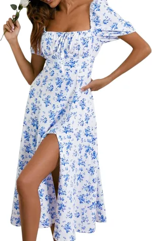 SPRIME Women's Floral Summer Casual Dress Square Neck Puff Sleeve Boho Midi Dresses Ruched Bust High Waist Split Long Dress