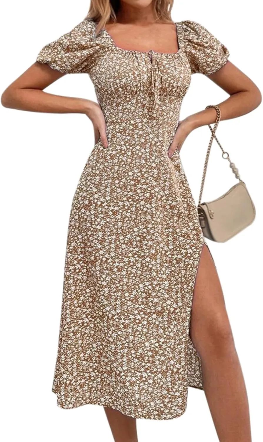 SPRIME Women's Floral Summer Casual Dress Square Neck Puff Sleeve Boho Midi Dresses Ruched Bust High Waist Split Long Dress