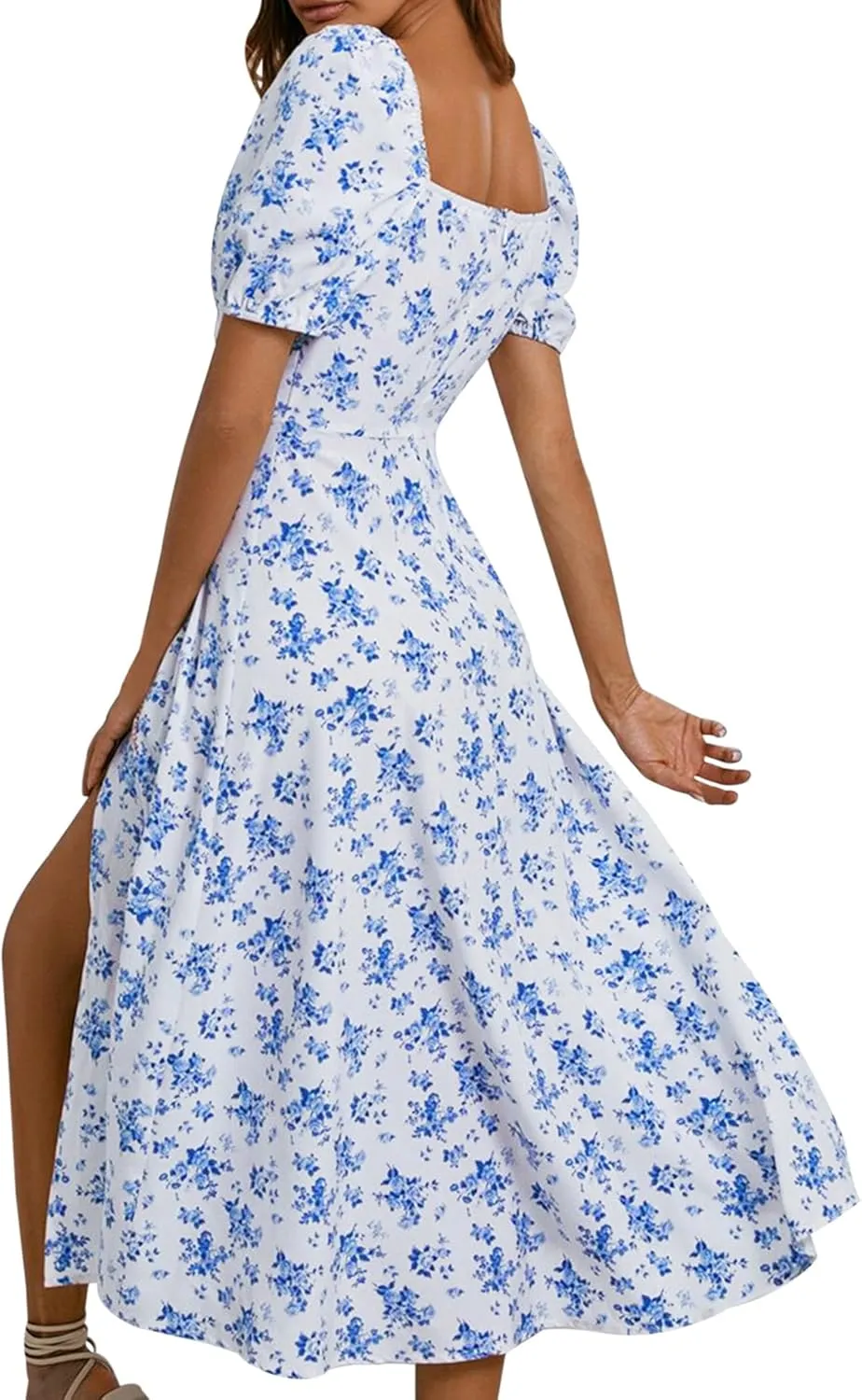 SPRIME Women's Floral Summer Casual Dress Square Neck Puff Sleeve Boho Midi Dresses Ruched Bust High Waist Split Long Dress
