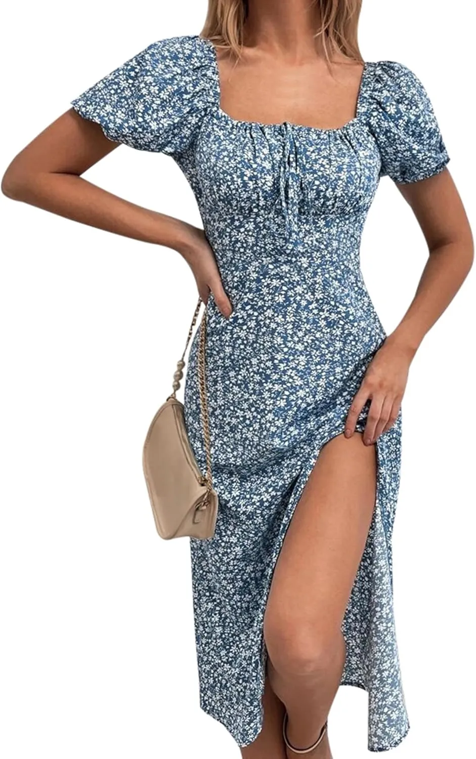 SPRIME Women's Floral Summer Casual Dress Square Neck Puff Sleeve Boho Midi Dresses Ruched Bust High Waist Split Long Dress