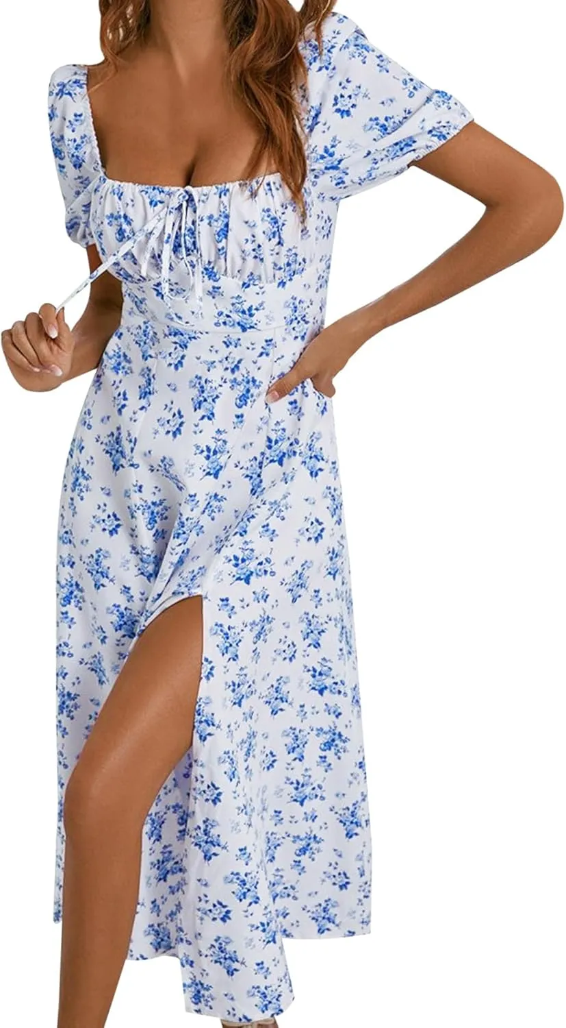 SPRIME Women's Floral Summer Casual Dress Square Neck Puff Sleeve Boho Midi Dresses Ruched Bust High Waist Split Long Dress