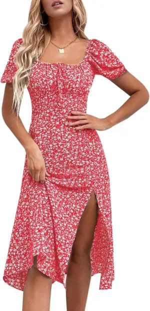 SPRIME Women's Floral Summer Casual Dress Square Neck Puff Sleeve Boho Midi Dresses Ruched Bust High Waist Split Long Dress