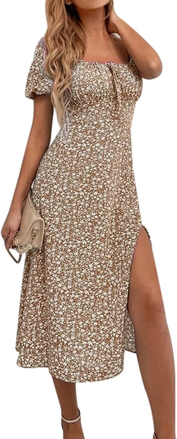 SPRIME Women's Floral Summer Casual Dress Square Neck Puff Sleeve Boho Midi Dresses Ruched Bust High Waist Split Long Dress