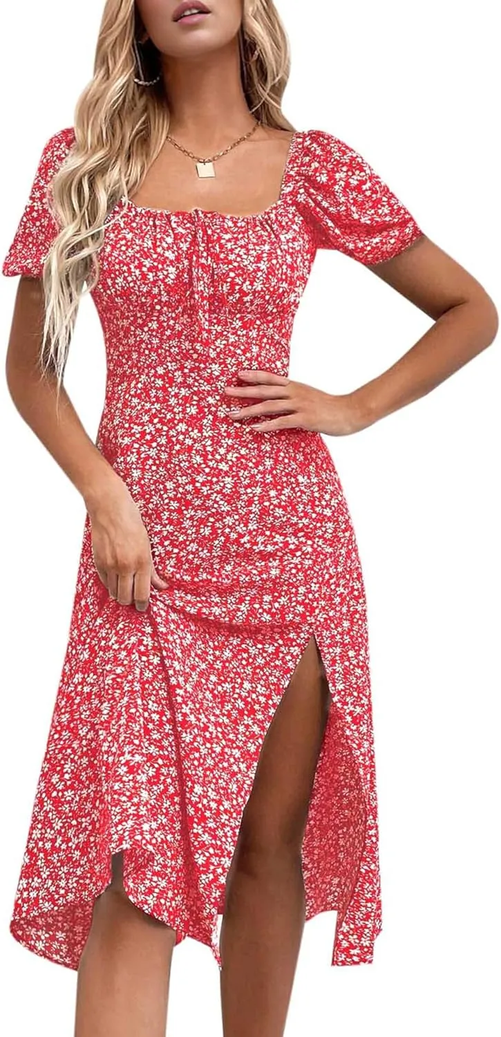 SPRIME Women's Floral Summer Casual Dress Square Neck Puff Sleeve Boho Midi Dresses Ruched Bust High Waist Split Long Dress