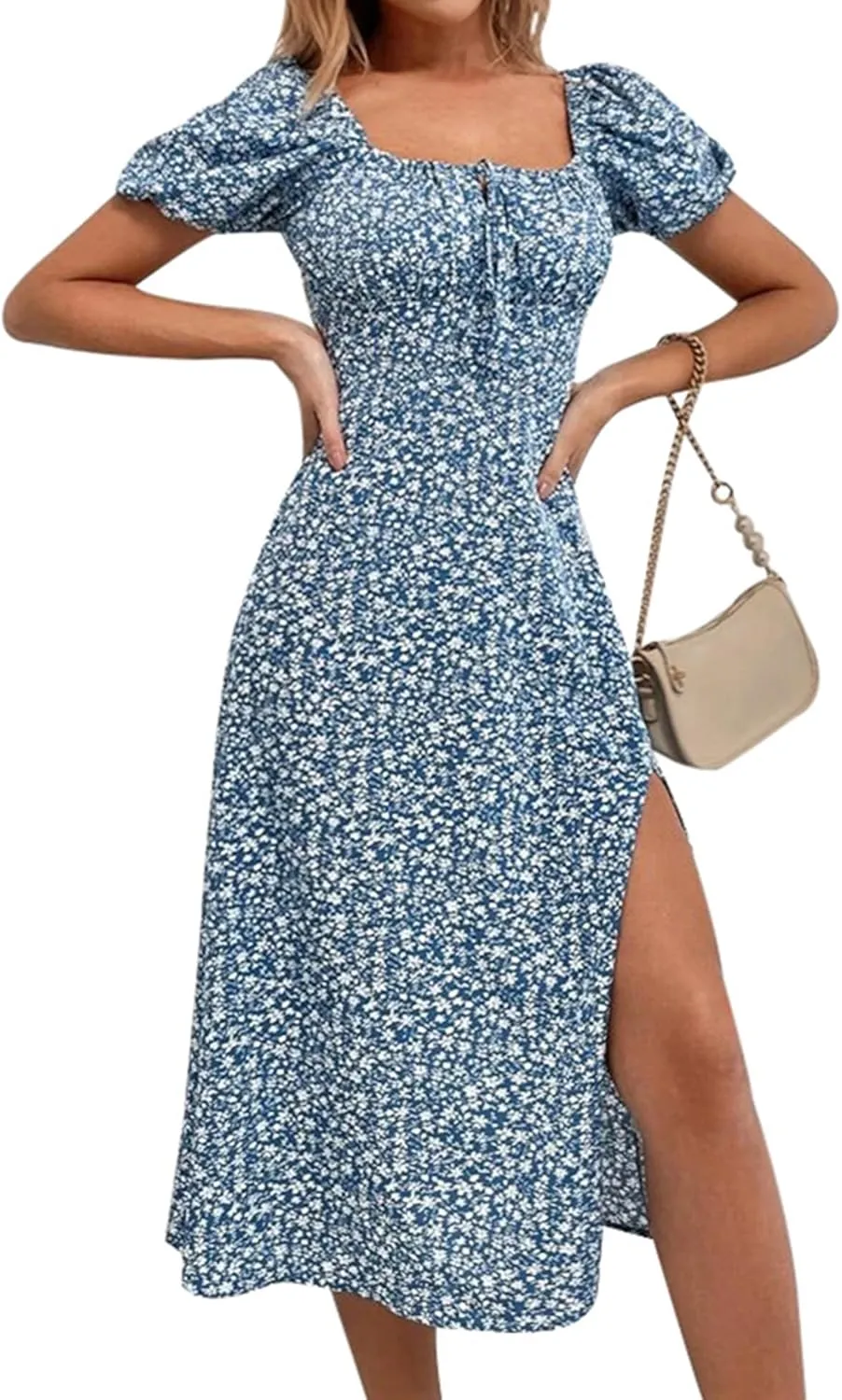 SPRIME Women's Floral Summer Casual Dress Square Neck Puff Sleeve Boho Midi Dresses Ruched Bust High Waist Split Long Dress