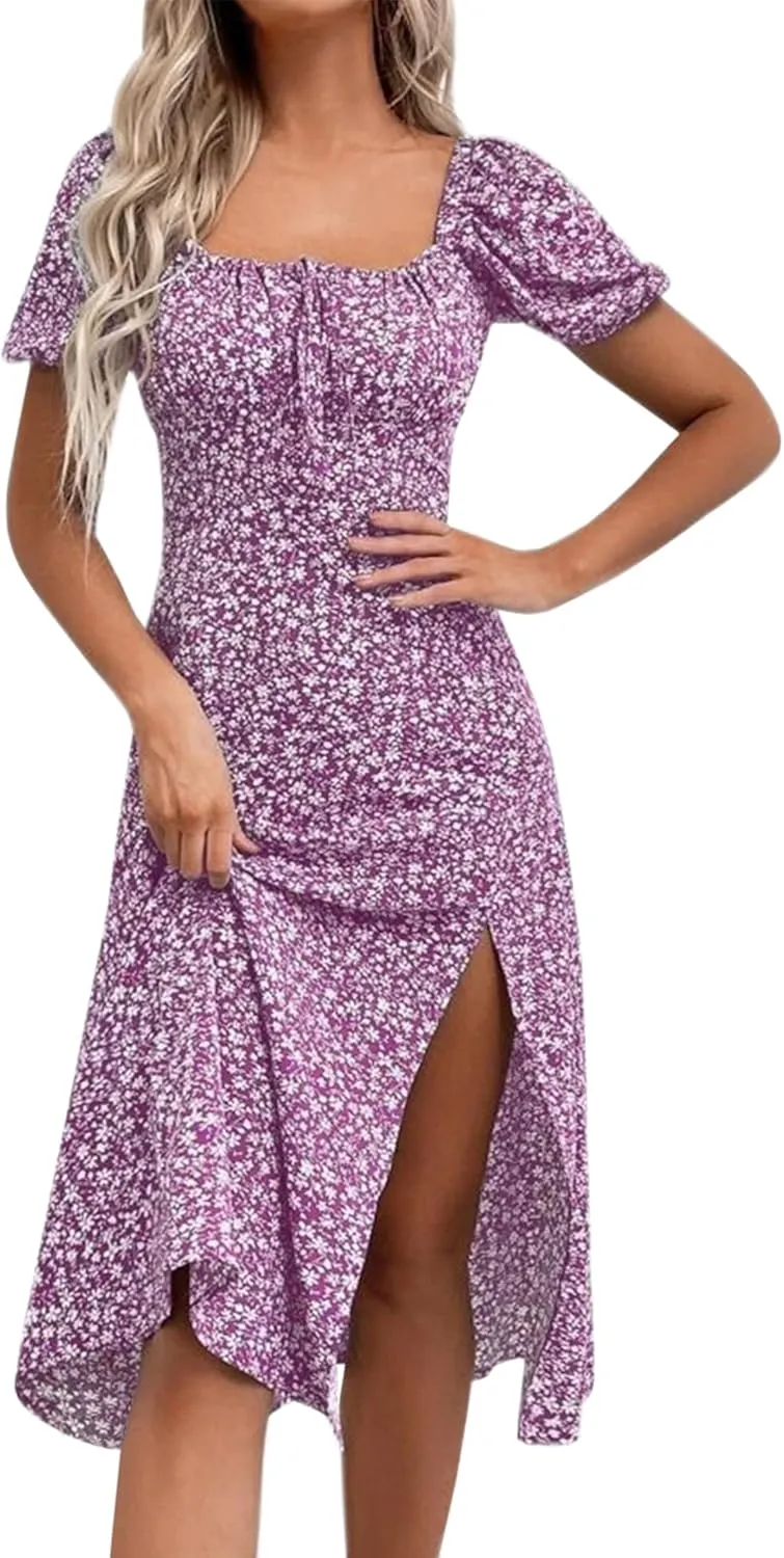 SPRIME Women's Floral Summer Casual Dress Square Neck Puff Sleeve Boho Midi Dresses Ruched Bust High Waist Split Long Dress