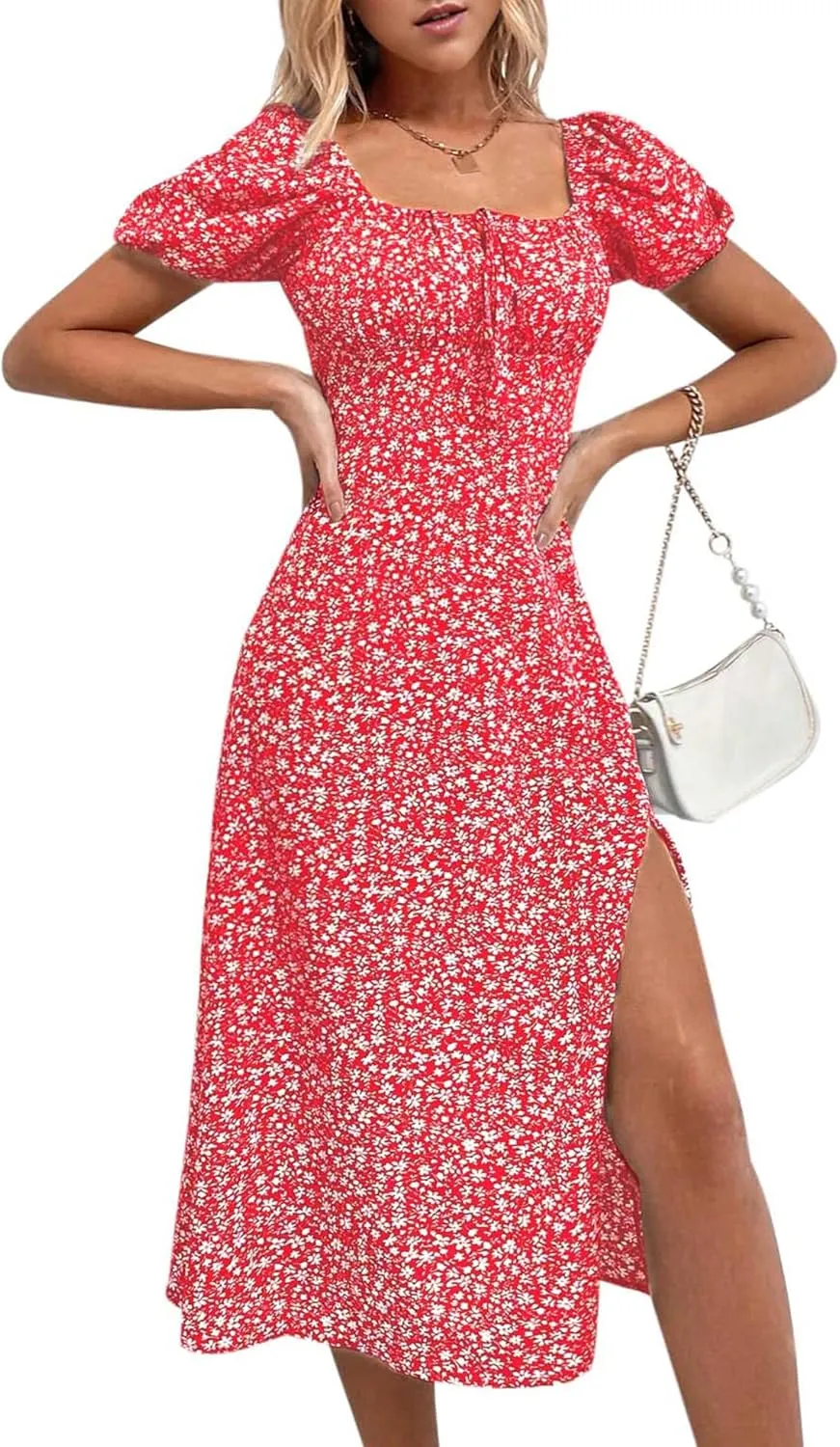 SPRIME Women's Floral Summer Casual Dress Square Neck Puff Sleeve Boho Midi Dresses Ruched Bust High Waist Split Long Dress
