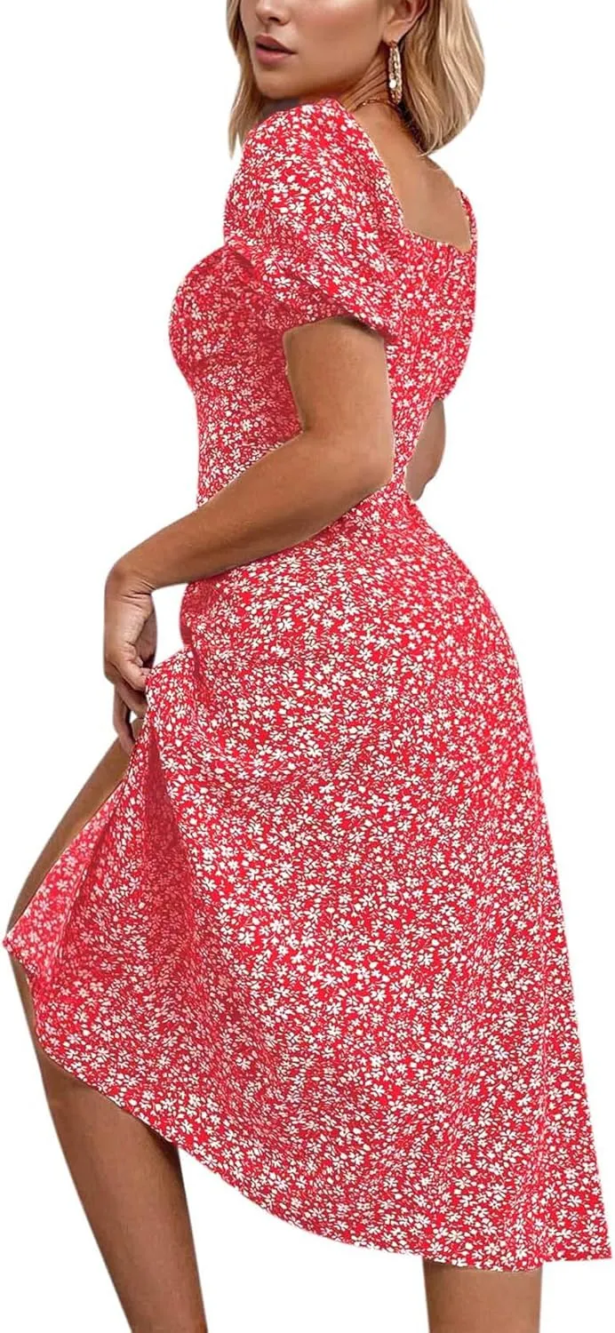 SPRIME Women's Floral Summer Casual Dress Square Neck Puff Sleeve Boho Midi Dresses Ruched Bust High Waist Split Long Dress