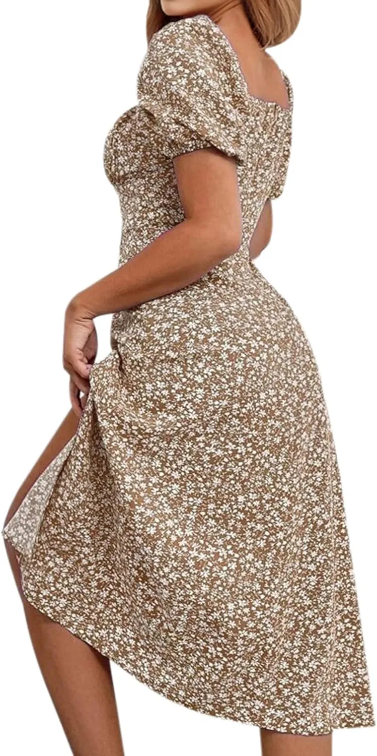 SPRIME Women's Floral Summer Casual Dress Square Neck Puff Sleeve Boho Midi Dresses Ruched Bust High Waist Split Long Dress