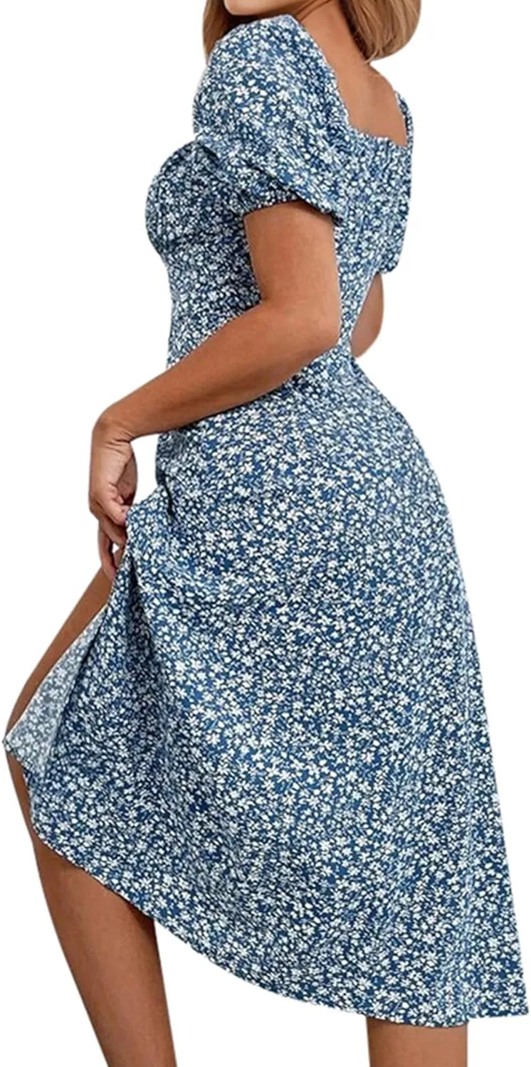 SPRIME Women's Floral Summer Casual Dress Square Neck Puff Sleeve Boho Midi Dresses Ruched Bust High Waist Split Long Dress