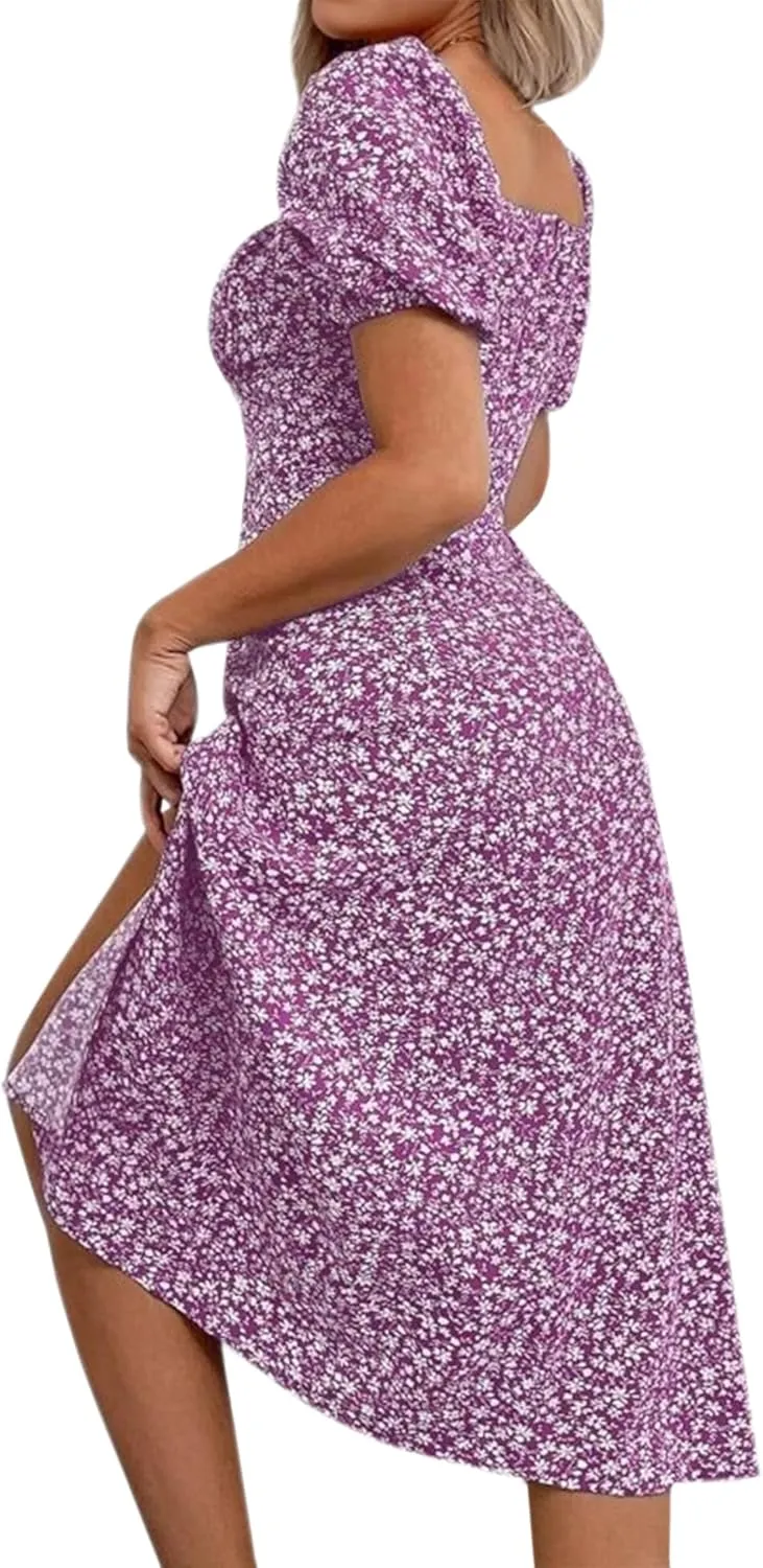 SPRIME Women's Floral Summer Casual Dress Square Neck Puff Sleeve Boho Midi Dresses Ruched Bust High Waist Split Long Dress