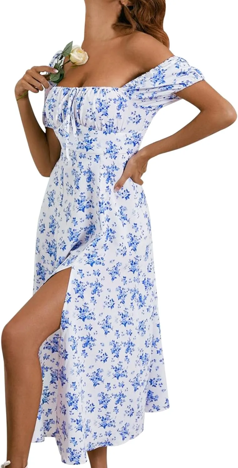 SPRIME Women's Floral Summer Casual Dress Square Neck Puff Sleeve Boho Midi Dresses Ruched Bust High Waist Split Long Dress