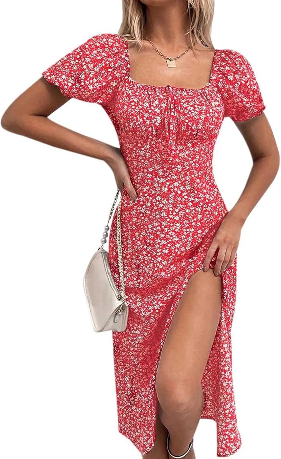SPRIME Women's Floral Summer Casual Dress Square Neck Puff Sleeve Boho Midi Dresses Ruched Bust High Waist Split Long Dress