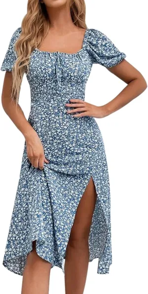 SPRIME Women's Floral Summer Casual Dress Square Neck Puff Sleeve Boho Midi Dresses Ruched Bust High Waist Split Long Dress