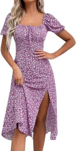 SPRIME Women's Floral Summer Casual Dress Square Neck Puff Sleeve Boho Midi Dresses Ruched Bust High Waist Split Long Dress