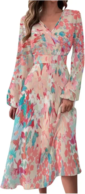 Spring Dresses for Women 2024 New Years Eve V-Neck Long Sleeve Gradient Plus Size Dresses for Curvy Formal Trendy