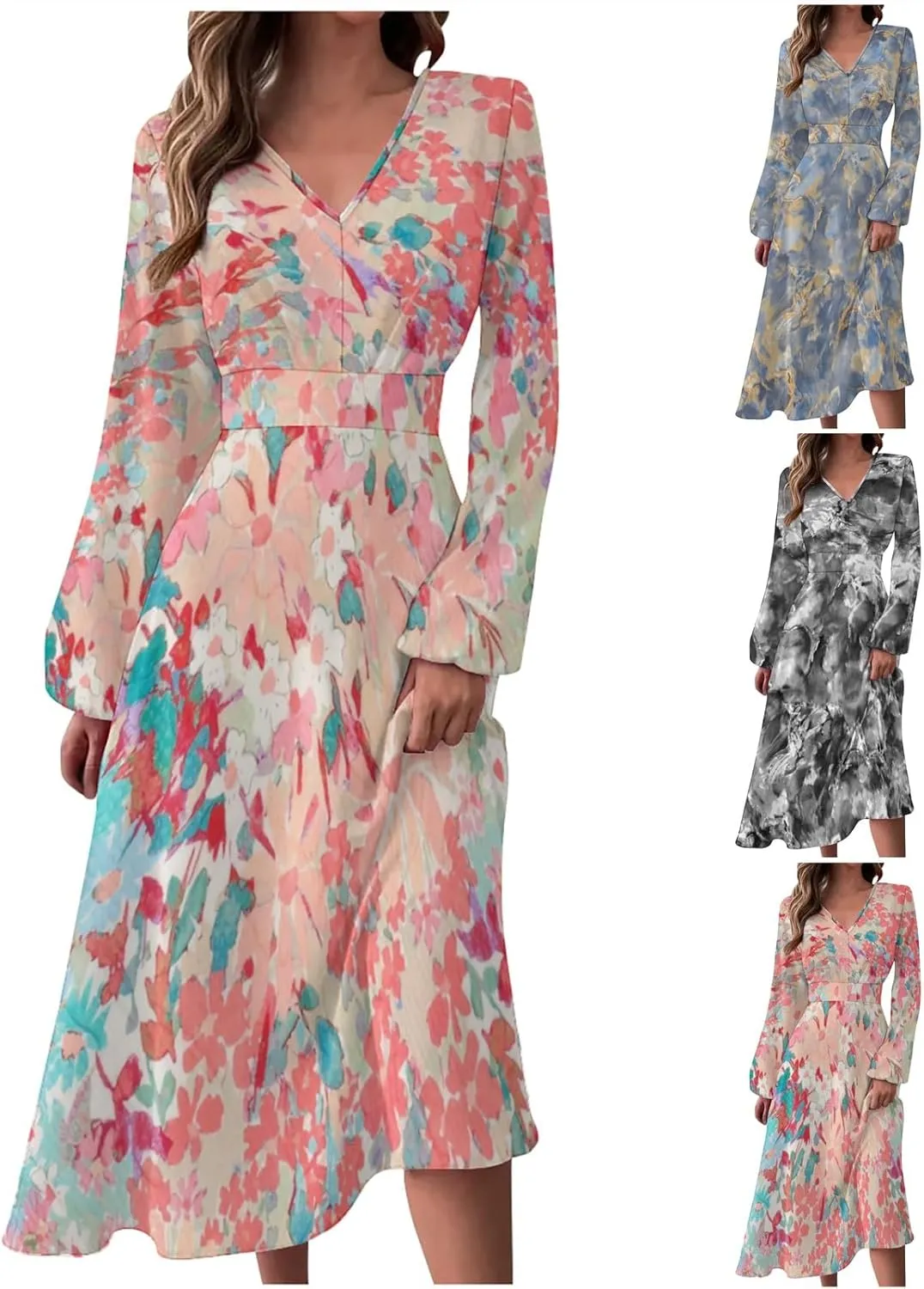 Spring Dresses for Women 2024 New Years Eve V-Neck Long Sleeve Gradient Plus Size Dresses for Curvy Formal Trendy