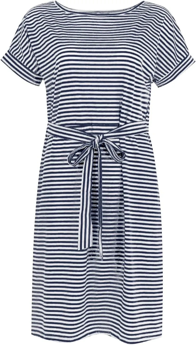 Striped Tshirt Dress Women Cotton Tie Waist Casual Summer Dresses Boat Neck Short Sleeve Wrap Dress Belted Midi Dress