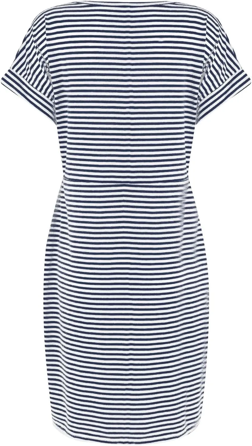 Striped Tshirt Dress Women Cotton Tie Waist Casual Summer Dresses Boat Neck Short Sleeve Wrap Dress Belted Midi Dress