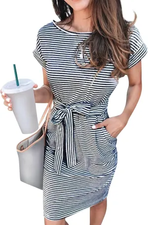 Striped Tshirt Dress Women Cotton Tie Waist Casual Summer Dresses Boat Neck Short Sleeve Wrap Dress Belted Midi Dress