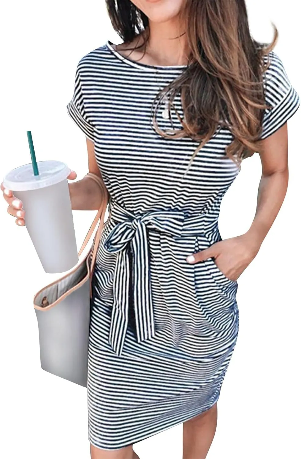 Striped Tshirt Dress Women Cotton Tie Waist Casual Summer Dresses Boat Neck Short Sleeve Wrap Dress Belted Midi Dress