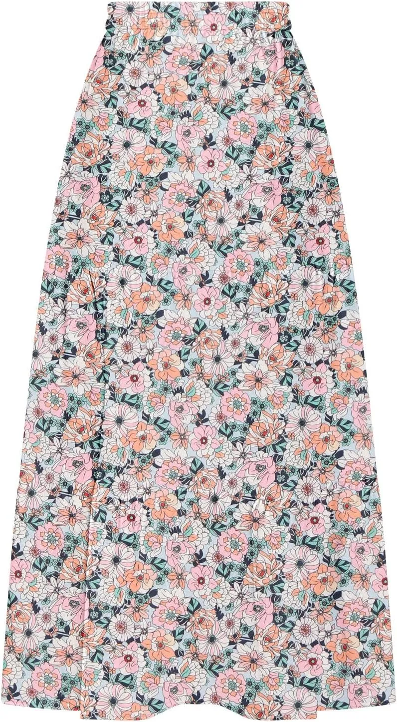 Summer Boho Skirts Women Long Floral Skirts Elastic High Waist Printed Skirts A Line Flowy Skirts Split Ruffle Skirts