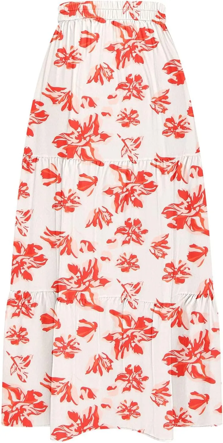 Summer Boho Skirts Women Long Floral Skirts Elastic High Waist Printed Skirts A Line Flowy Skirts Split Ruffle Skirts