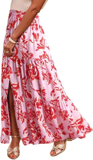 Summer Boho Skirts Women Long Floral Skirts Elastic High Waist Printed Skirts A Line Flowy Skirts Split Ruffle Skirts